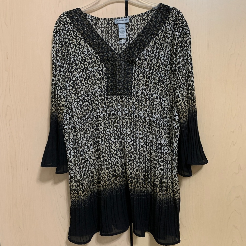 Catherines Women's Embellished Bell Sleeve Tunic Black Beige Plus Size 1X 18/20W